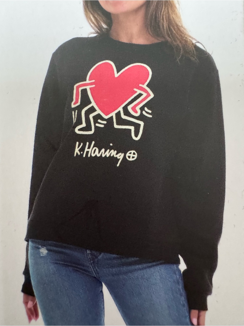 K. Haring Black Crewneck Sweatshirt with Red Heart Graphic
